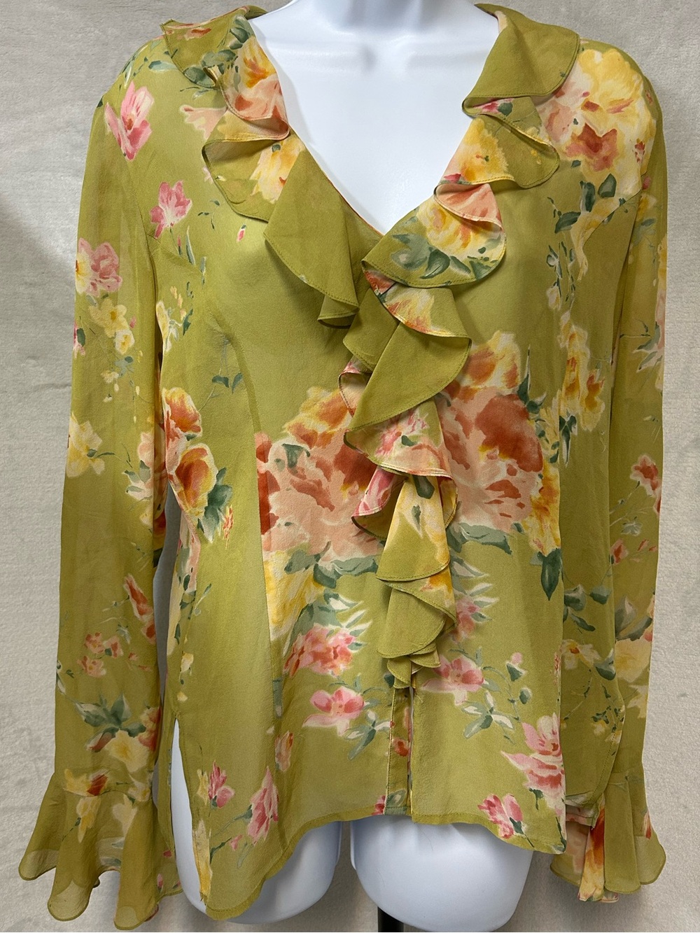 100% Silk Floral Ruffle V-Neck Blouse - Green
